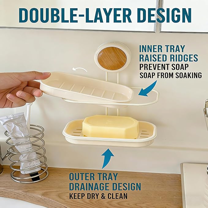 Dual-Suction Soap Dish Holder, Wall-Mounted No Drill Soap Saver with Double Layer Drying Rack, Strong Suction Cups for Bathroom, Shower, Kitchen Sink Countertop Organization