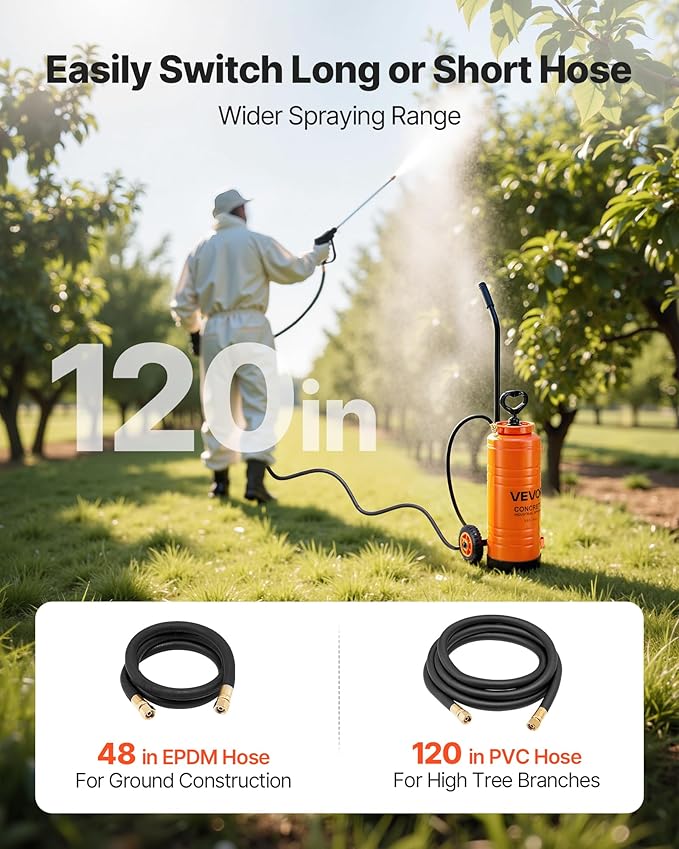 Industrial Concrete Sprayer with Wheeled Cart, 3.5 Gallon Stainless Steel Sprayer, Heavy Duty Tri-Poxy Pump Sprayers, 20.5"Wand, 48" & 120"Hoses, 2 Brass Nozzles for Construction, Lawn & Garden