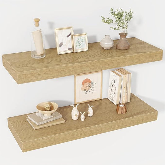 30 Inch Floating Shelves, 12" Deep Floating Shelf Wall Mounted, 30" Wall Shelves, Rustic Deep Bookshelf, Extra Deeper & Thicker Display Shelves for Bedroom, Living Room, Oak, Set of 2