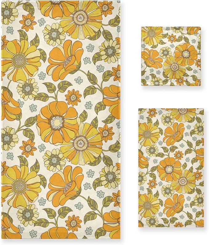 3 Piece Retro 70s Floral Bath Towel Set,Microfiber Decorative Vintage Hippie Orange Groovy Daisy Flower Bathroom Towels,1 Bath Towel 1 Hand Towel for Bathroom Kitchen,1 Washcloth for Face