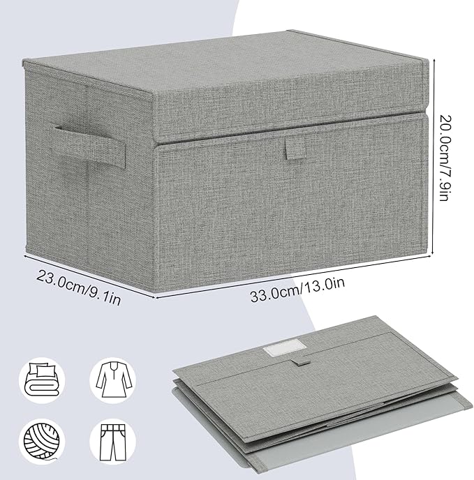 Storage Boxes with Flip Cover, Foldable Bin for Clothes, Cubes with Handles, Decorative Linen Baskets for Home, Bedroom, Closet, 13x9.1x7.9in, Grey, 2 Pack