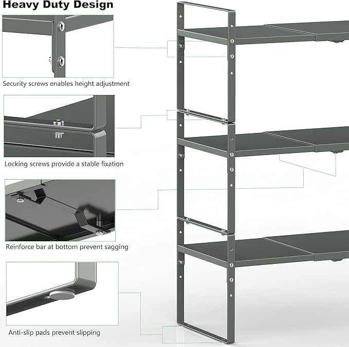 Expandable Stackable Spice Rack Cabinet Shelf Organizer in Cabinets Shelves Kitchen Cupboard Organization Stack up Racks Pantry Countertop Storage (Gun-Gray, Large 3 Packs G)