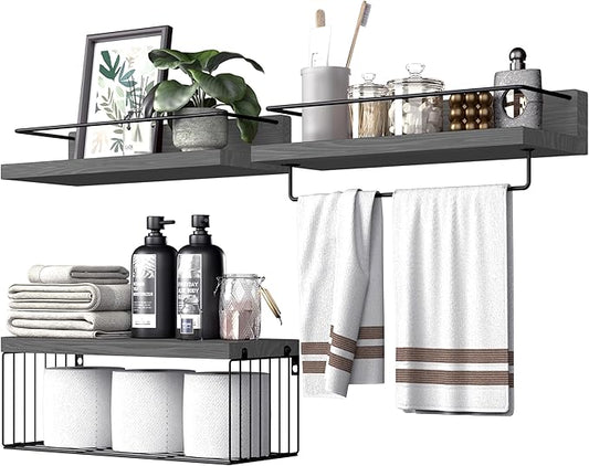 Bathroom Shelves Over Toilet for Wall, Floating Shelves with Storage Basket Paper Holer for Kitchen Living Room, Bedroom & Classroom, Set of 3 (Grey)