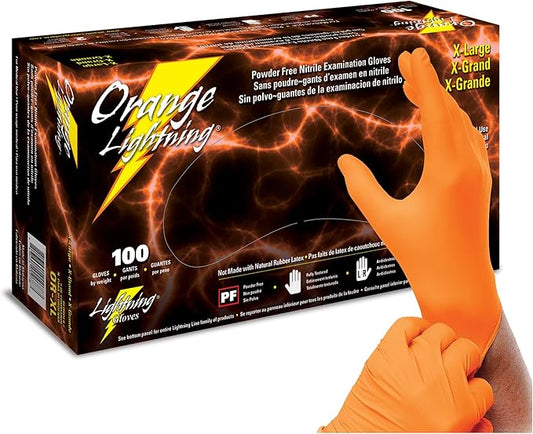 Atlantic Safety Products Orange Lightning Exam Gloves, Disposable, Powder-Free Nitrile Gloves, Orange, Extra Large, 100-Ct