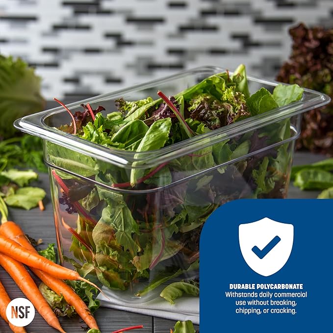 Carlisle FoodService Products Storplus Food Pan, Food Storage Container with Spoonable Corners for Catering, Buffets, Restaurants, Polycarbonate (Pc), 1/4 Size 6 Inches Deep, Clear, (Pack of 6)