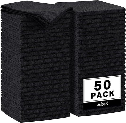 AIDEA Microfiber Cleaning Cloth Black 50PK, Microfiber Towels for Cars, Premium Car Cloths, Dusting Cloth Lint Free Cleaning Rags for SUVs, House, Kitchen, Window, Workshops,11.5×11.5"