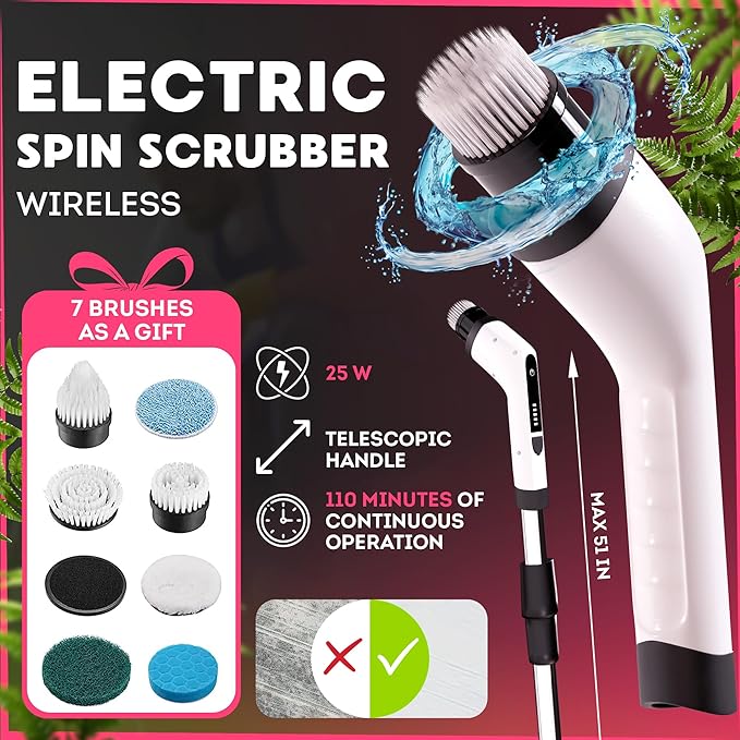 7-in-1 Electric Bathroom Scrubbing Brush, 2500 mAh. Pack of 12 Telescopic Bathtub Scrubber with Long Handle. Electric Bathtub Scrubber. Portable Power Brush for Cleaning Bathroom, Kitchen, Car