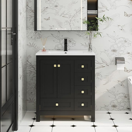 eclife 30" Bathroom Vanities with Sink Combo, Modern Thickened Wood Bathroom Storage Cabinet w/Undermount Sink, Matte Black Faucet Drain, Painted Surface, Black