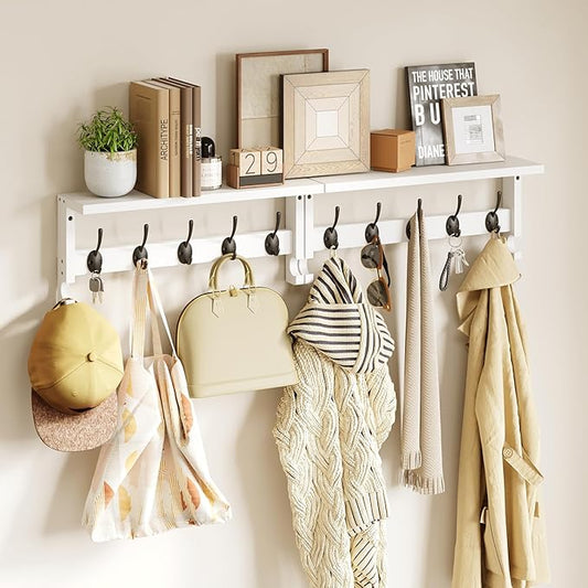 AMBIRD Coat Rack Wall Mount with Shelf, Coat Hook Rack Wall Mounted, Hat Wall Hooks for Hanging in Entryway, Living Room, Bathroom, Bedroom (White)