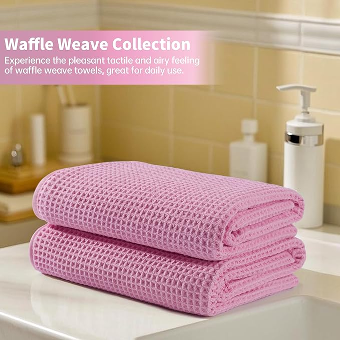 Microfiber Waffle Bath Towels, 4 Pieces, Soft, Absorbent, Fast Drying, Lint Free 430 GSM (Pink)