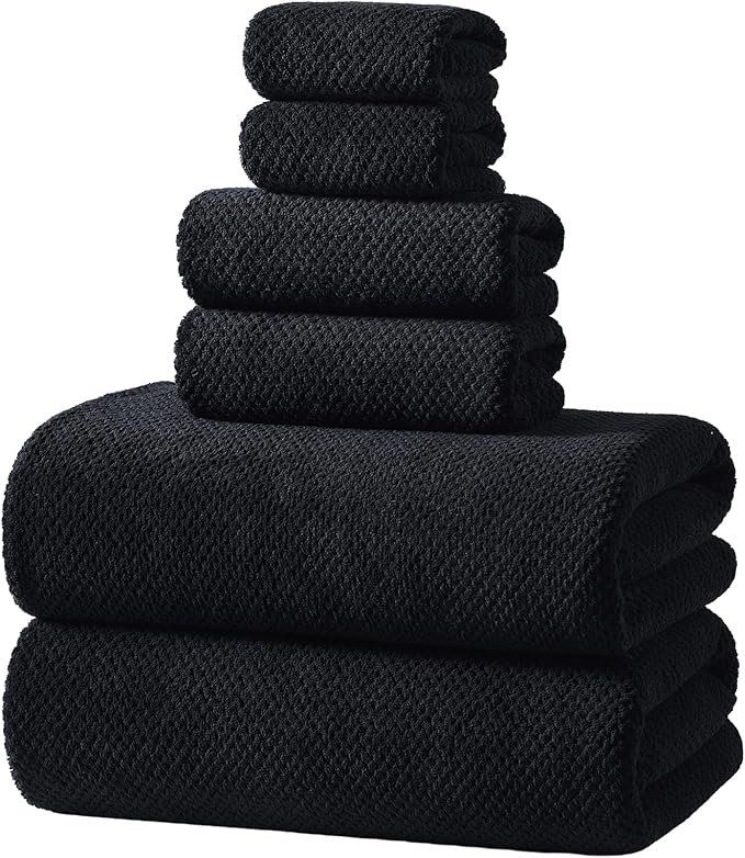 REDKISS 6-Piece Bath Towel Set - 2 Washcloths, 2 Hand Towels, 2 Bath Towels — Ultra-Fiber Coral Fleece, Super Absorbent, No Lint & No Fading — Perfect for Bathroom, Spa, Gym — Family & Adults-Black