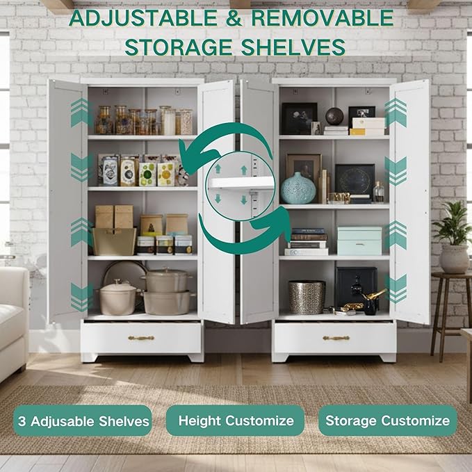 YITAHOME Kitchen Pantry Cabinet, 62" Metal Storage Cabinets with Adjustable Shelves, Farmhouse Organizer Cabinet with Barn Doors, Freestanding Cupboard with Drawer for Dining Living Room, White