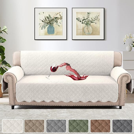 H.VERSAILTEX Waterproof Quilted Couch Covers Non Slip Sofa Covers Protector Slipcovers for Dogs Couch Covers for 3 Cushion Couch Pet Furniture Protector Modern Fleece Fabric (Sofa,Natural White)