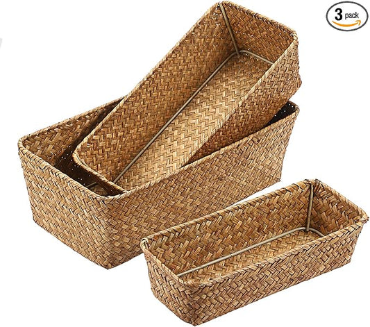 3 Natural Wicker Basket Set Rectangular Handwoven Seagrass Basket Storage Bins Home Organizer Bins - Household Basket Box for Shelf Wardrobe Desktop Home Decor (Caramel)