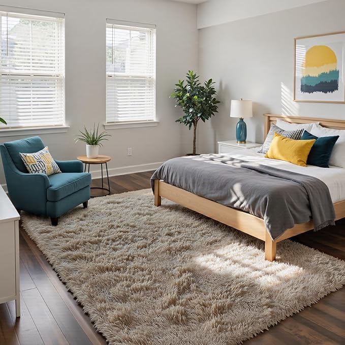 Fluffy Rug Shaggy Area Rug, Beige 8x10 Area Rugs for Living Room, Large Shag Area Rugs for Bedroom Kids Room Home Decor, Upgrade Anti-Skid Rectangular Fuzzy Rugs