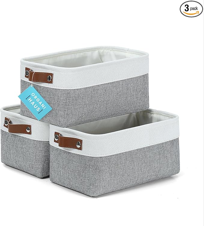 OrganiHaus Small Fabric Storage Baskets for Shelves 3 Pack, 12x08in Closet Storage Bins for Shelves, Canvas Baskets for Organizing, Linen Closet Organizers, Cloth Basket, Gray/Off-White
