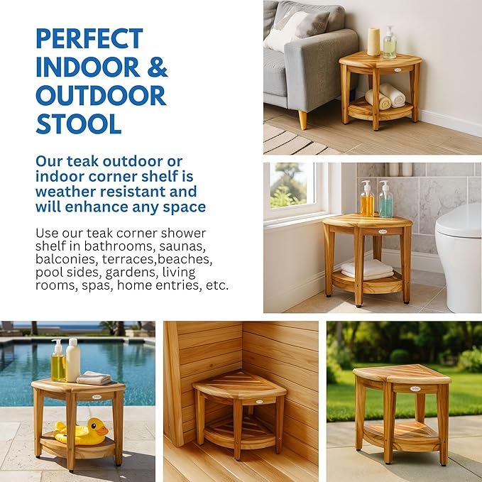 EcoDecors Teak Shower Corner Caddy 18" – Waterproof Wood Storage Organizer with Built-in Shelf and Adjustable Feet - Ideal for Small Bathrooms & Walk-in Showers - Indonesian Teak