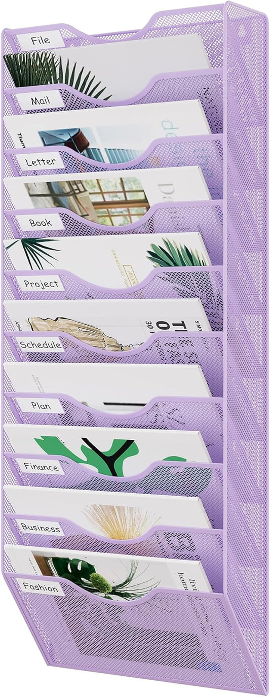 EasyPAG 10 Pocket Mesh Wall File Organizer, Hanging Paper Folder Holder with Classify Label, Vertical Wall Mount Mail Organizer for Office Home Classroom, Purple