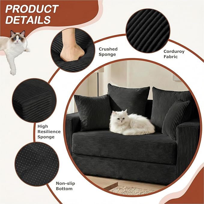 5 in 1 Convertible Sofa Bed,Small Boneless Couch Pull Out Loveseat Sleeper Sofa,Corduroy Futon Couch Folding Mattress with 4 Pillows for Living Room Bedroom Lounge (No Assembly)