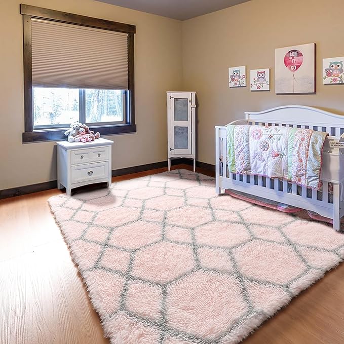 ONASAR Rugs for Living Room Bedroom, 5x8 Fluffy Pink and Grey Area Rug, Geometric Boho Soft Plush Shaggy Fuzzy Floor Carpet for Nursery Kids Girls Boys Teen Dorm Home Decor Aesthetic