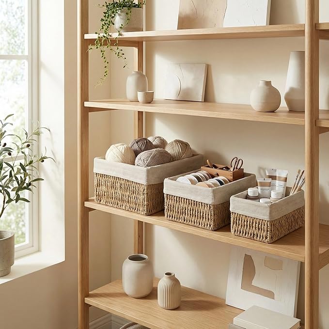 Set of 3 Wicker Storage Baskets for Shelves with Removable Linen Liner, Nesting Woven Organizer Bins for Pantry, Bathroom Counter, Closet, Dresser