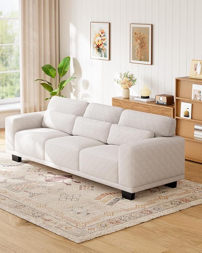 Marsail 89" Couch, 3-Seater Modern Sofa with Deep Seats, Comfy Upholstered Linen Sofas for Living Room, Apartment, Cream White
