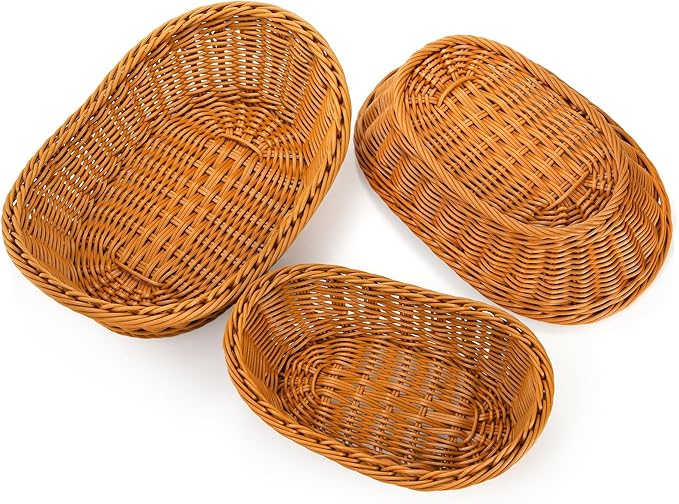 Yarlung 3 Pack Small Woven Breads Baskets, Oval Fruit Baskets Stackable Plastic Wicker Basket for Serving Vegetables, Kitchen, Restaurant, Outdoor, Imitation Rattan Brown, 3 Sizes