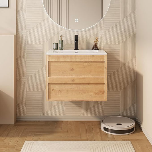 eclife 24" Floating Bathroom Vanity Sink Combo, Wall Mounted Modern Minimalist Storage Cabinet with 2 Drawers, Include Sink, Faucet & Drain, Natural