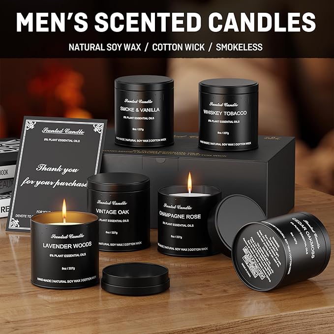 Men’s Scented Candles Set – 6 Pack Soy Wax Aromatherapy Candles for Men, Masculine Scented Candles with Essential Oils, Long Lasting Strong Scent, Luxury Gift Candles for Men,Dad,Him