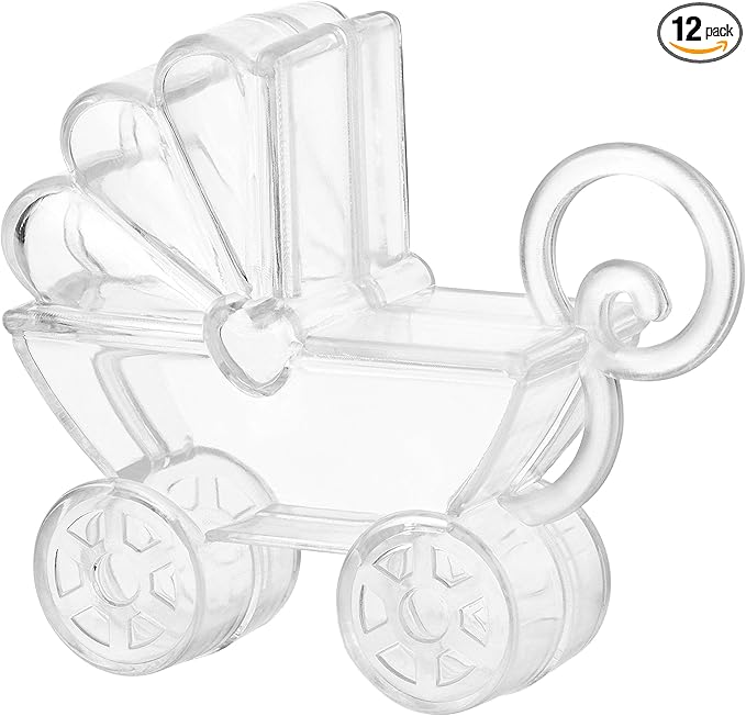 Baby Carriage Shaped Acrylic Candy Boxes - 12 Pack - 2.75"x2.75"x0.71" - Perfect for Weddings, Birthdays, Party Favors and Gifts | Cute Clear Plastic Containers | Clear Fillable Ornaments Crafts Decorations