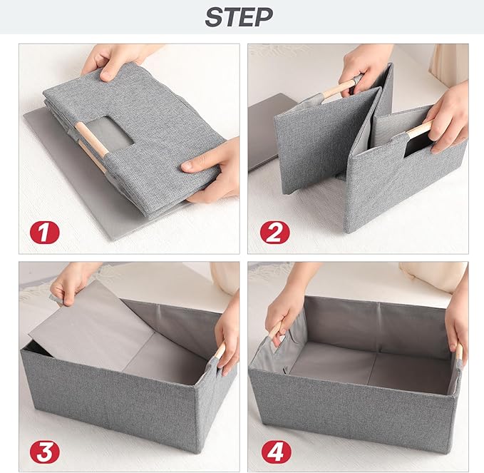 ANMINY 6PCS Storage Baskets for Organizing Collapsible Fabric Storage Bins Boxes with Wood Handles Closet Shelves Cube Organizer Bins Clothes Laundry Storage Container - Small, Gray