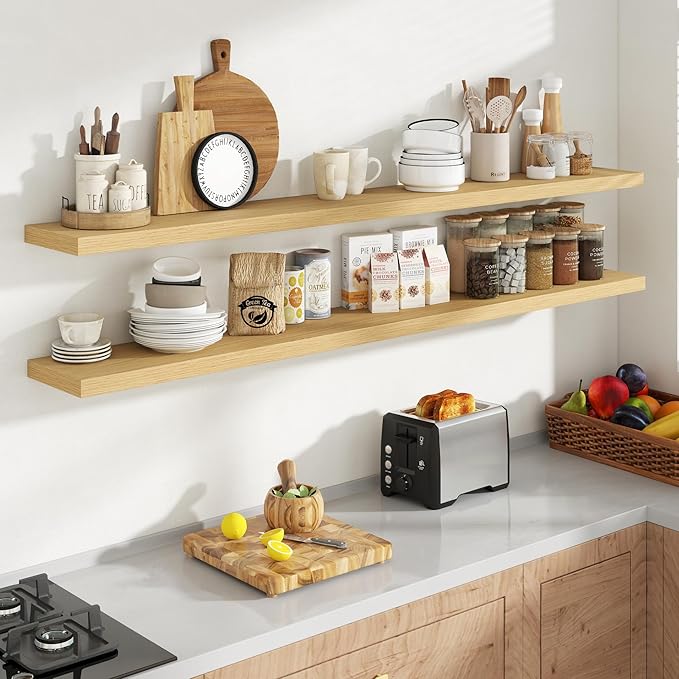 72 Inch Floating Shelves, 8 Inch Deep Floating Shelves for Wall, Hanging Shelf with Invisible Brackets, Deep Shelves for Bathroom, Bedroom, Living Room, Oak, Set of 2
