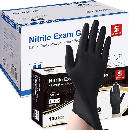Schneider Black Nitrile Exam Gloves, 5 Mil Disposable Gloves, Latex Free & Powder Free, for Medical, Cleaning, Food Prep