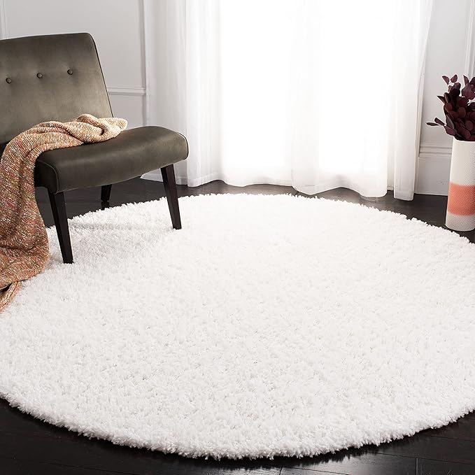 SAFAVIEH August Shag Collection 4' Round White AUG200A Solid Non-Shedding Living Room Bedroom Dining Room Entryway Plush 1.5-inch Thick Area Rug