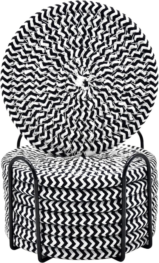 ABenkle 8 Pcs Drink Coasters with Holder, Cotton Woven Absorbent Coasters for Drinks, Minimalist Home Decor Coaster Set for Wooden Tabletop Protection Table, 4.3 inches