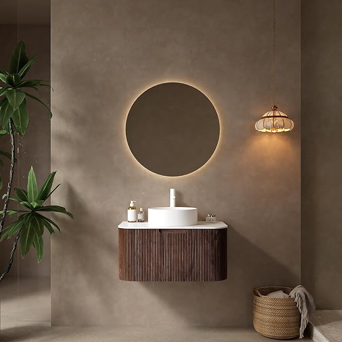 KEIKI 30" Bathroom Vanity Cabinet with Sink Combo, Wall Mounted Curved Edges Striped Floating Bathroom Vanity with Soft-Close Drawer, White Round Ceramic Basin Without Faucet, Dark Walnut