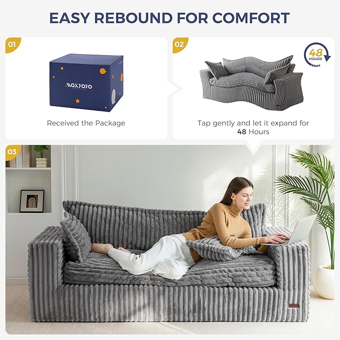 MAXYOYO 76" Bean Bag Sofa Couch, Loveseat Boneless Couch in a Box, Upholstered Small Mini Sofa with Deep Seating for Living Room Bedroom Office Apartment, No Assembly, Dark Grey