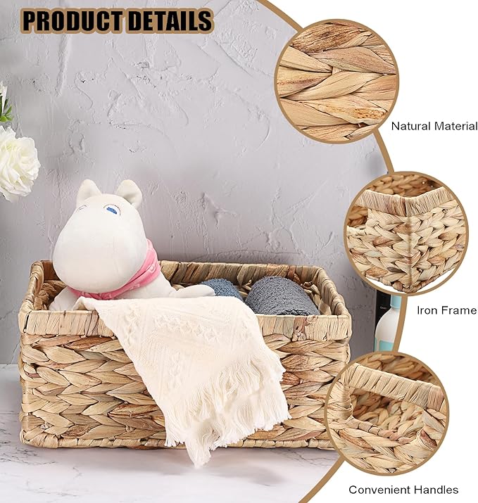 Wicker Basket for Shelf Water Hyacinth Storage Baskets with Built-in Handles Handwoven Natural Basket Bin for Bathroom Kitchen Home Decor,12 x 9 x 5 inches