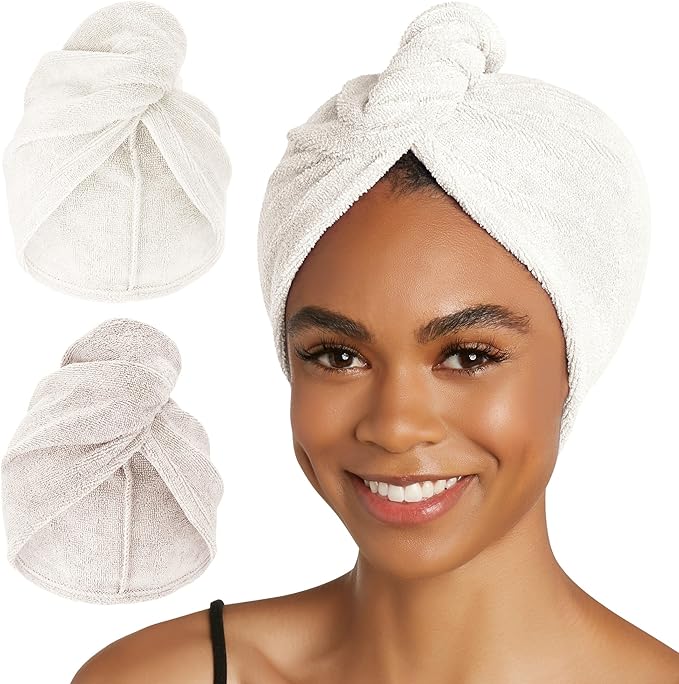 Turbie Twist 2-Pack Microfiber Hair Towel for Beauty, Travel, Gifting - Wrap Turban for Straight, Wavy & Curly Hair - Premium Personal Care - Antique White & Moonbeam