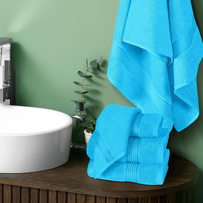 Elvana Home Ultra Soft 6 Pack Cotton Towel Set, Contains 2 Bath Towels 28x55 inch, 2 Hand Towels 16x24 inch & 2 Wash Coths 12x12 inch, Ideal for Everyday use, Compact & Lightweight - Turquoise Blue
