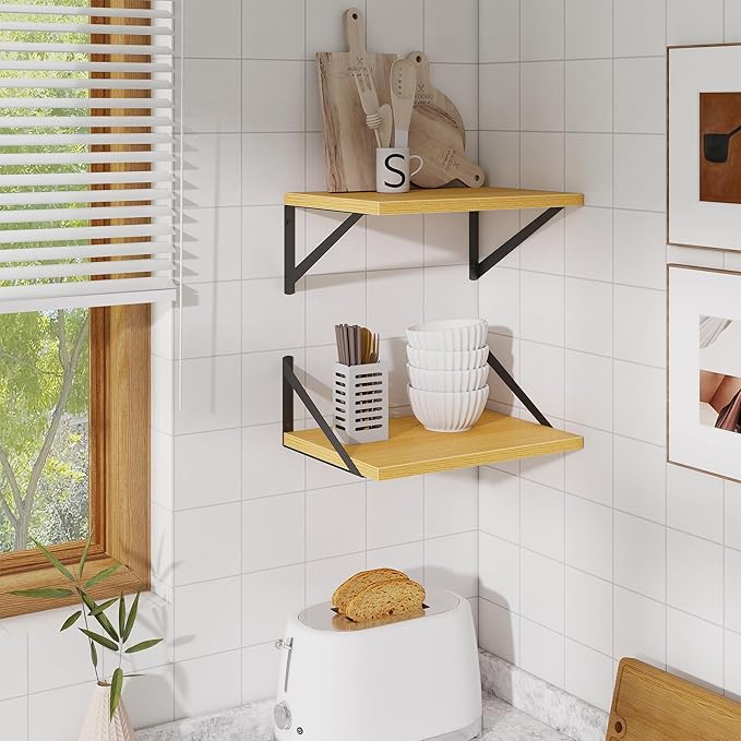 Deep Floating Shelves,16" Wx10 D Floating Shelves for Wall Set of 2,Heavy Duty Wood Floating Shelf with Metal Bracket,Wall Mounted Hanging Shelf for Living Room Bedroom Bathroom Kitchen,Oak