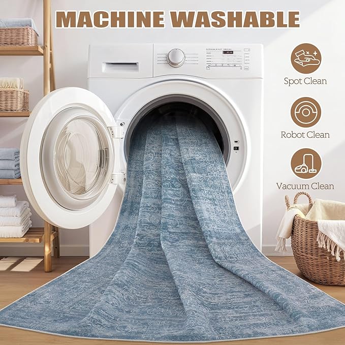 Area Rug Living Room Rugs - 6x9 Washable Large Soft Indoor Neutral Modern Abstract Low Pile Rug Carpet for Bedroom Dining Room Farmhouse Home Office - Dark Blue