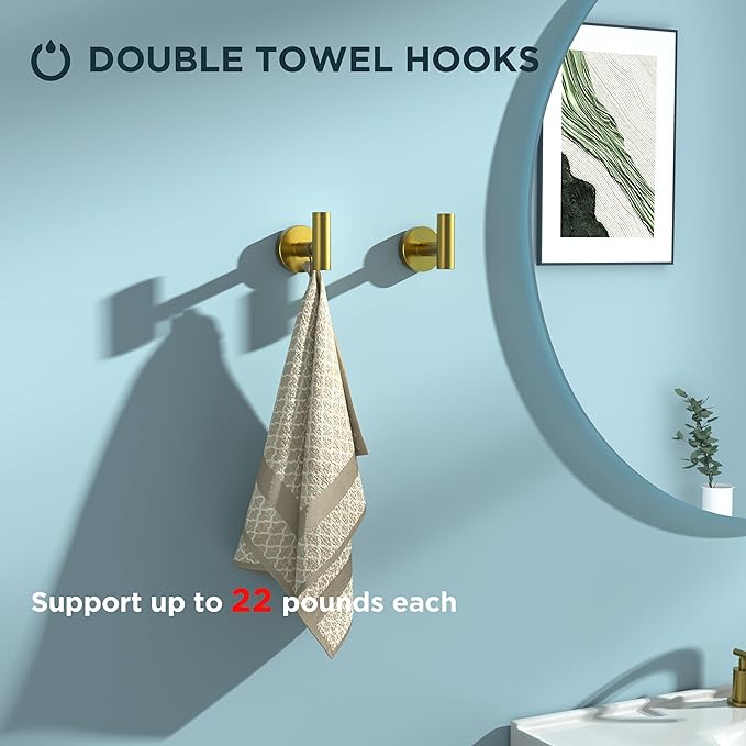 FORIOUS 4 Piece Bathroom Accessories, SUS304 Stainless Steel Toilet Paper Holder, Towel Ring and 2 Towel Hooks, Wall Mounted Bathroom Hardware Set (Brushed Gold)