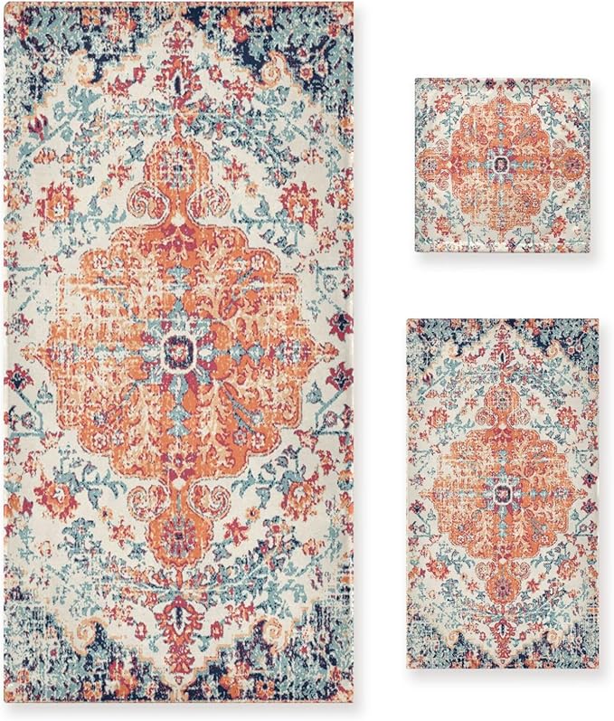 3 Piece Vintage Boho Bath Towel Set,Microfiber Decorative Rustic Orange Southwest Ethnic Bohemian Print Farm Bathroom Towels,1 Bath Towel 1 Hand Towel for Bathroom Kitchen,1 Washcloth for Face