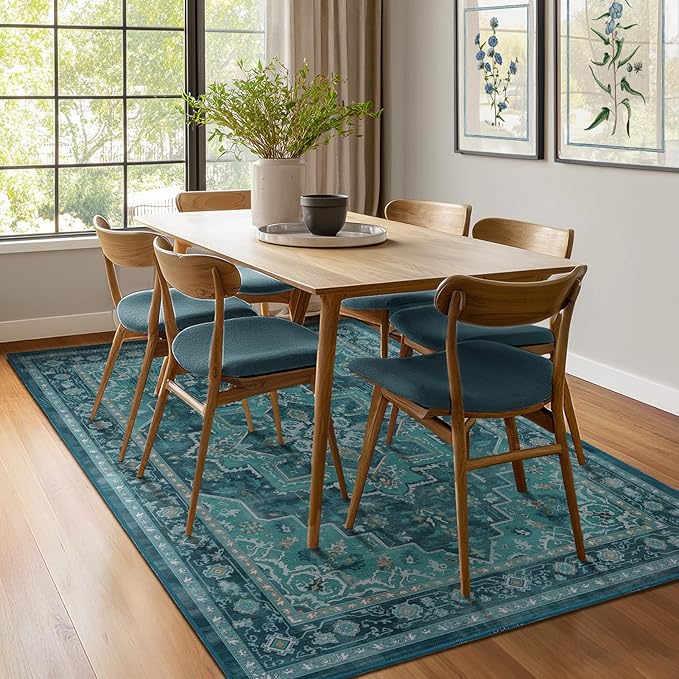 Luxurious Teal Living Room Rug 6x9, Washable Non Slip Rug for Dining Room Under Table, Vintage Medallion Vibrant Low Pile Thin Carpet Rugs for Bedroom Den Home Office