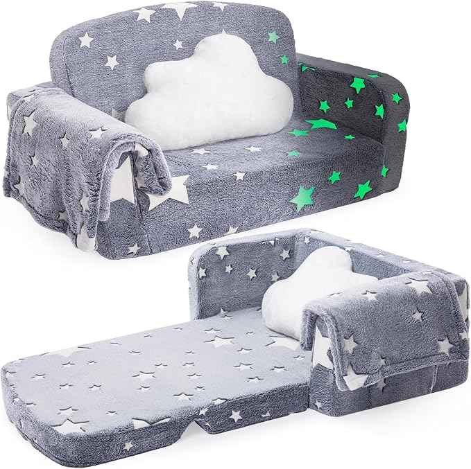Extra Wide Kids Couch, 2-in-1 Soft Couch with Blanket, Glow in The Dark, Comfy Chair with Cloud Pillow, Convertible Sofa, Star