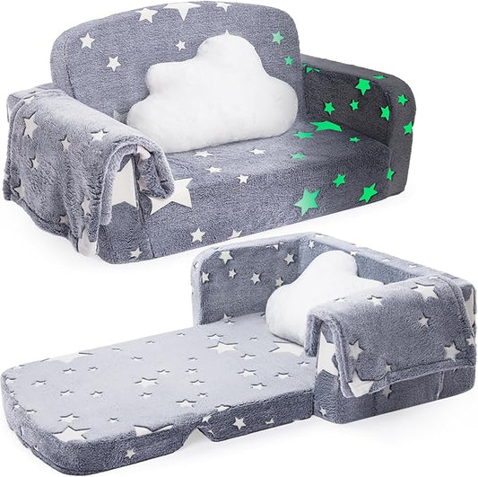 Extra Wide Kids Couch, 2-in-1 Soft Couch with Blanket, Glow in The Dark, Comfy Chair with Cloud Pillow, Convertible Sofa, Star