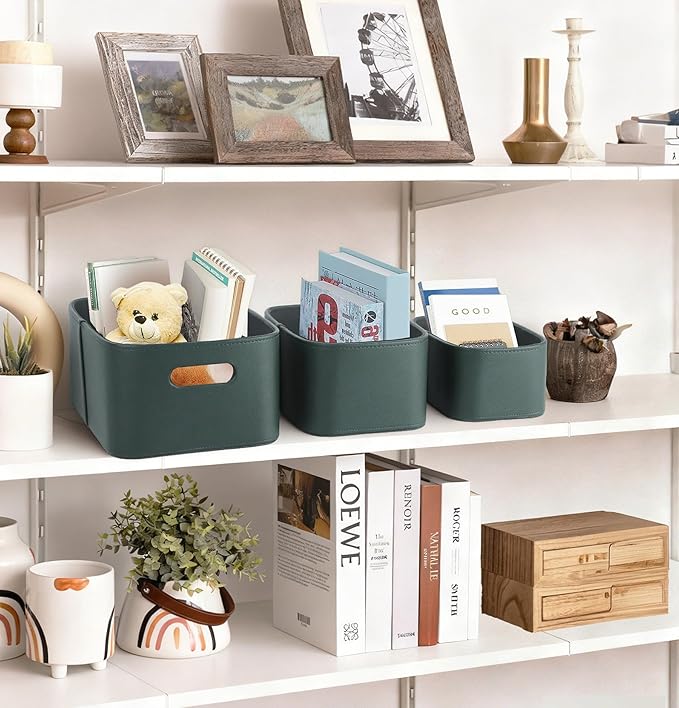 HofferRuffer Faux Leather Storage Baskets Bins with Velvet Lining for Organizing, Storage, Gifts, Set of 3 Nesting Shelf Baskets Decorative Storage Boxes for Home Organization (Green)