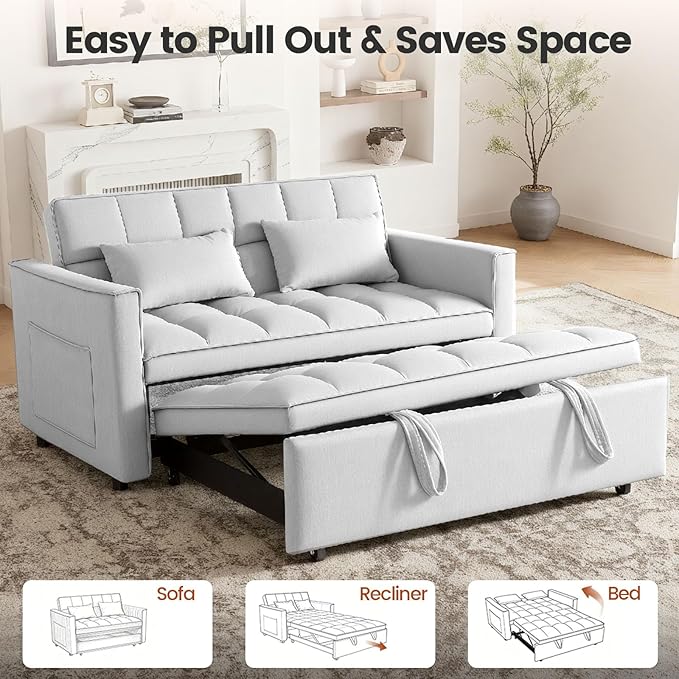Convertible Sofa Bed, Love Seat Sleeper Bed with Side Pockets, 3 in 1 Velvet Fabric Pull Out Couch with Adjustable Backrest for Living Room, Bedroom, Apartment, Gray