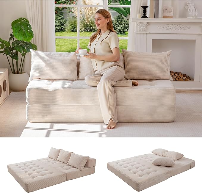 MAXYOYO Folding Sofa Couch, Convertible Floor Sleeper Couch with 3 Pillows, Tufted Floor Oversized Loveseat Couch Tufted Fold Out Chair Bed Comfy Sofa Lounge for Living Room Bedroom, Beige